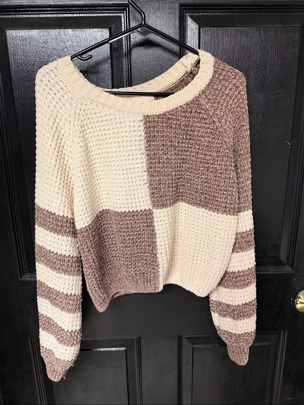 Altar'd State Cream & Brown Waffle Colorblock Crewneck Sweater